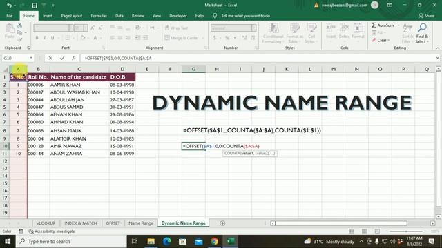 Dynamic Name Range in Excel | Excel Formulas | MS Excel Tutorial | Excel for beginners|