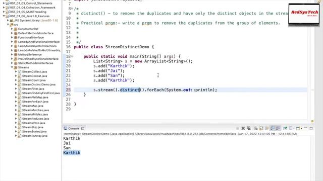 # 180 java stream distinct | java 8 stream distinct with example | distinct | java 8 | RedSysTech