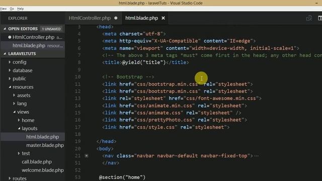 Laravel v5.4 Tutorial for beginners in hindi (Part#7) HTML Theme Conversion to Laravel Site