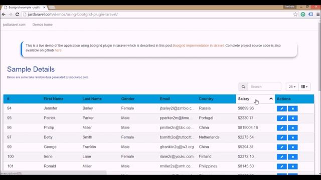 BootGrid plugin implementation in Laravel - Working Demo || justlaravel.com