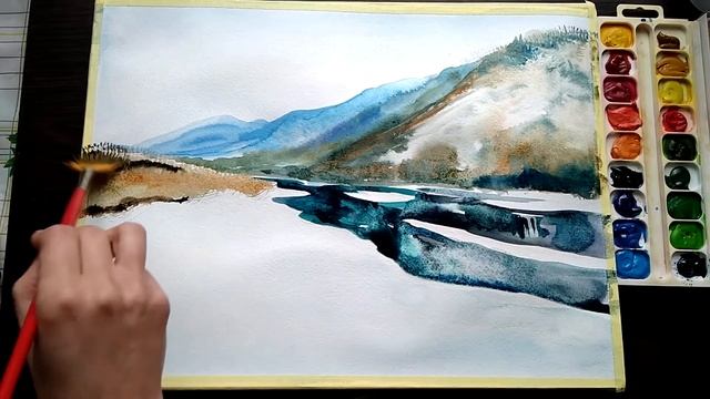 How to paint a landscape Beautiful winter river in watercolor~Как нарисовать Зимнюю реку акварелью