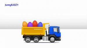 Dump truck unloads Surprise Eggs filled with Fruits.