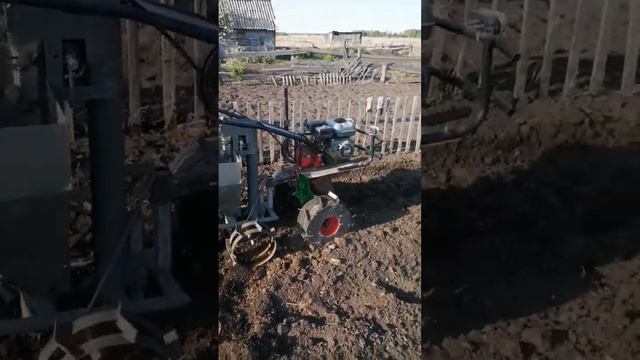 Посадка картошки самодельной картофелесажалкой