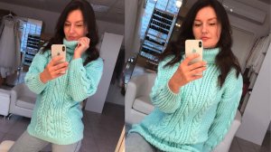 Свитер - туника спицами МЯТА. Косы и жемчужный узор, высокий ворот