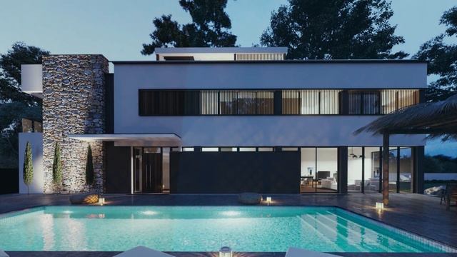 Узкий дом хай-тек с плоской эксплуатируемой кровлей-террасой и гаражом, 315 кв. м. Проект «Панама». смотреть онлайн