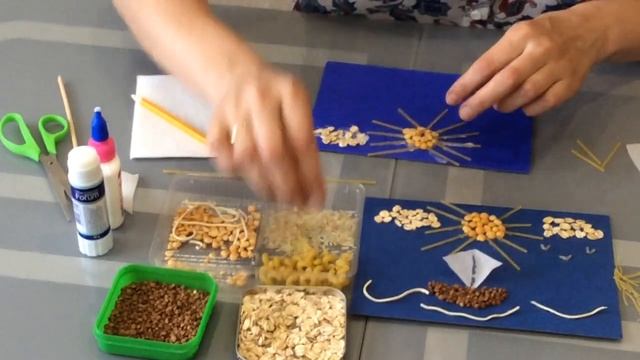 НОД, поделка из круп и макаронных изделий  "Парусник в море"  для детей 4 - 6 лет