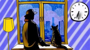 Человек и кошка. Футаж с окном