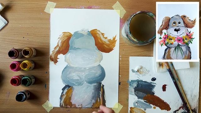 Собачка с цветами. Урок рисования. #рисунок #живопись #собачка