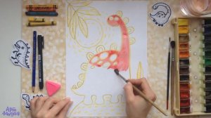 Как нарисовать динозавра. Урок рисования для детей акварелью, восковыми мелками.