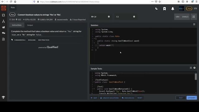 Code Wars C# 8kyu: Convert Boolean Values to Strings 'Yes' or 'No'