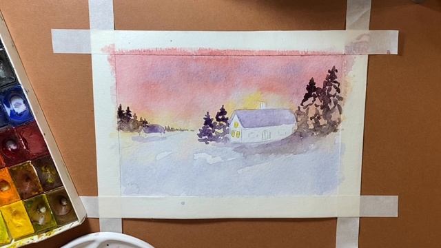 Зимний пейзаж с домиком. Простой рисунок акварелью смотреть онлайн