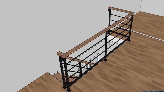 Проект визуализация лестницы от компании Евролестница.ру. Поворот 90 градусов, 3 поворотные ступени