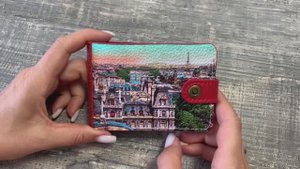 Красный портмоне из натуральной кожи с картинкой Ретро Париж, Eshemoda мини-кошелек ручной работы