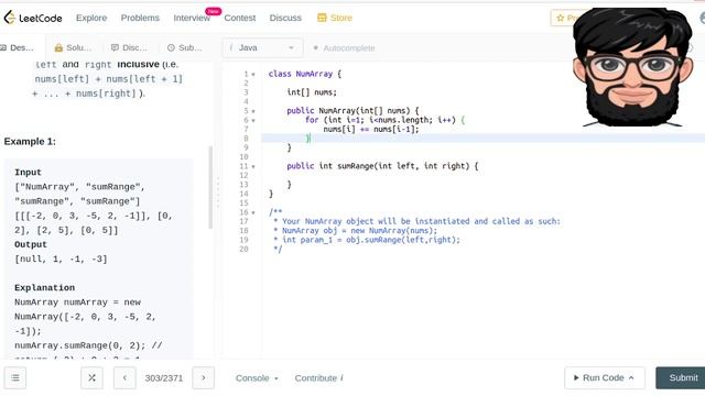 Leetcode Question 303 "Range Sum Query - Immutable" in Java