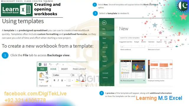 Learn MS Excel Online Training   Creating, Opening workbooks, Using Templates, Exporting