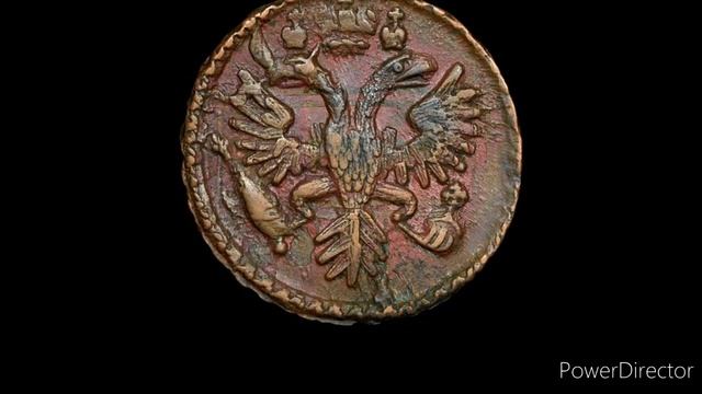 Медная монета Деньга 1734 года Разновидности и цена гладкий гурт, сложный хвост 4 ряда перьев