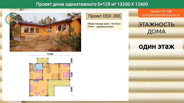 Проект дома № 130 в один этаж 129 м2 13.2 X 12.6 из оцилиндрованного бревна