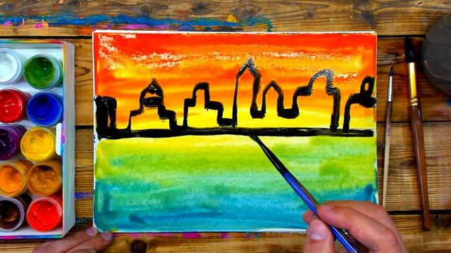 Ночной ГОРОД пейзаж красками ГУАШЬ для начинающих смотреть онлайн