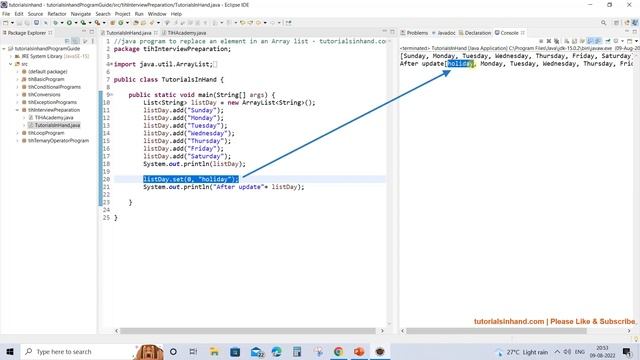 set or replace an element in an arraylist java program