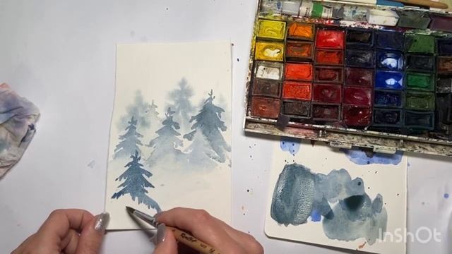 Снежный лес акварелью