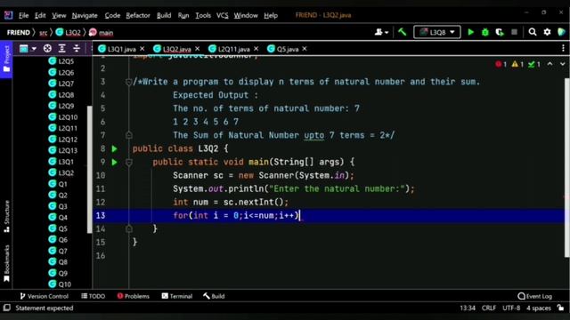 how to display n terms of natural number and their sum.loops in java using loops find sum #java