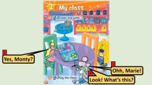 Kid's Box Starter - Unit 2 - My Class - 1 - Listen and point. With comic dialogue box.