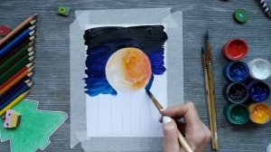 Очень простой, но красивый рисунок гуашью. Ночной пейзаж. Луна. Лёгкий пейзаж гуашью.