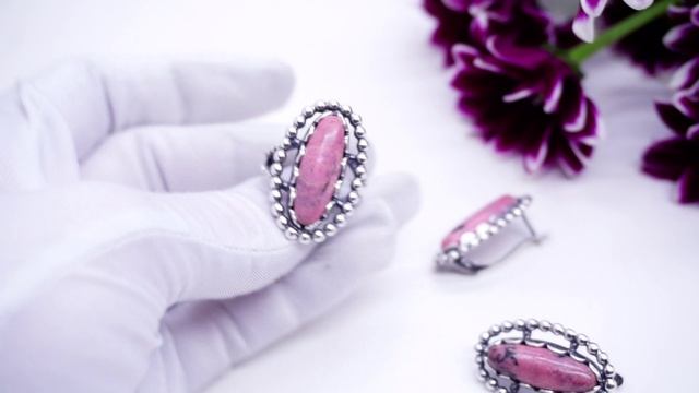 Гарнитур серьги и кольцо "Кими" посеребрение родонит натуральный 3908 Хорошие Вещи