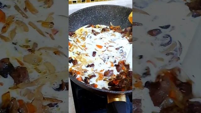 Пряный рис с куриными сердечками и шампиньонами? #рецепты #вторыеблюда #видеорецепты