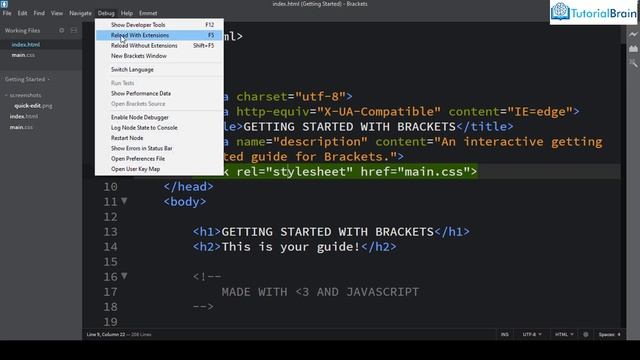 How to Debug Brackets Text Editor (Lesson 12)