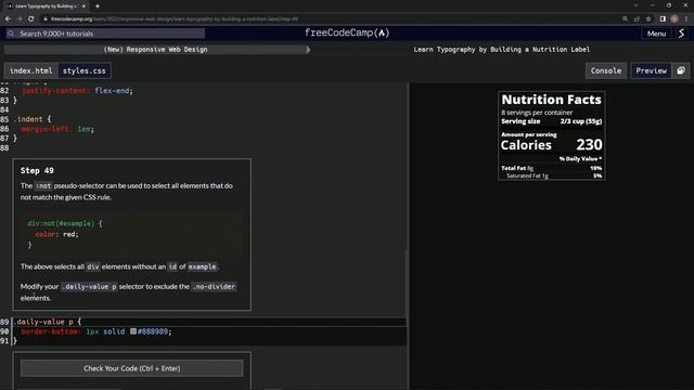 learn2code | freeCodeCamp (New) Responsive Web Design  -  Building a Nutrition Label: Step 49