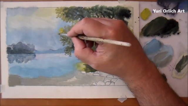 Как нарисовать пейзаж гуашью. Как нарисовать воду. Как нарисовать дерево