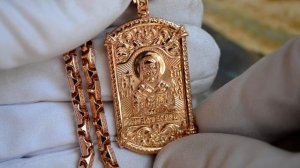 Жетон-иконка из красного золота Николай Чудотворец Мирликийский на цепочке плетения Краб Луксор