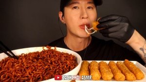 ASMR BLACK BEAN FIRE NOODLES & MOZZARELLA CHEESE STICKS MUKBANG (No Talking) COOKING & EATING SOUND
