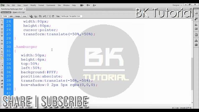 How to Create a Transfaring Hamburger Navigation Icon Using CSS , JQuery By BK Tutorial