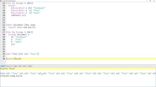 FizzBuzz in Clojure with & without modulus/remainder/rest (zero? mod for range cond condp cycle map смотреть онлайн