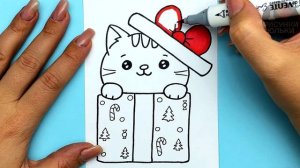 Рисунок на Новый Год 2023 | Как нарисовать Милого котика в новогоднем подарке  | Рисунки Юльки