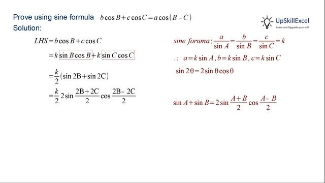 prove that b cos B + c cos C = a cos (B-C) using sine formula