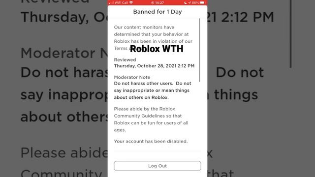 Roblox I GOT BANNED FOR 1 DAY AND I DONT KNOW WHY  ?