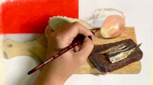 Как нарисовать натюрморт со шпротами, чёрным хлебом и разделочной доской.