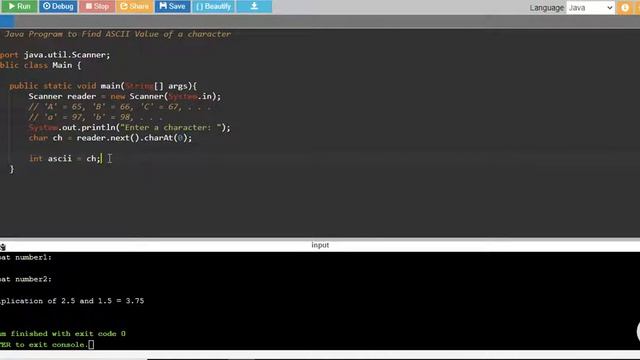 Java Program to Find ASCII Value of a char