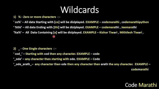 LIKE with % Wildcard in SQL | SQL Tutorial For Beginners in Marathi #44 #sql
