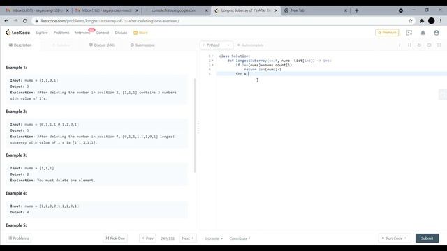 Longest Subarray of 1's After Deleting One Element | Python Easy Solution | First Explanation Video смотреть онлайн