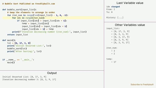 Optimized bubble sort in python animated short video with flowchart and added blog
