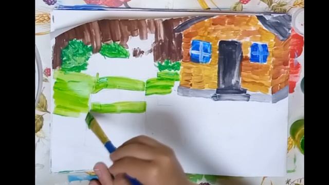 Работа на конкурс рисунков. Домик в деревне. Краски гуашь. смотреть онлайн