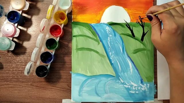 Как нарисовать/Закат над водопадом/Дерево сакуры/ Простой рисунок/how to learn to draw смотреть онлайн
