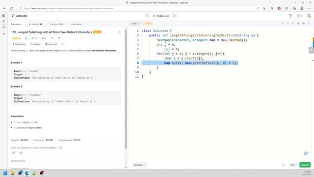 LeetCode 159 | Longest Substring with At Most Two Distinct Characters | 2 Pointers | HashMap | Java смотреть онлайн