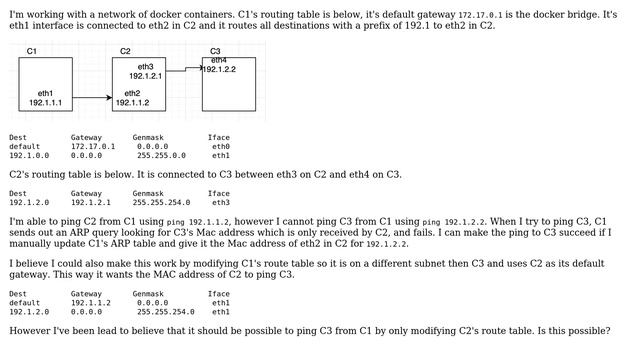DevOps & SysAdmins: Docker Linux network topology using route tables and arp