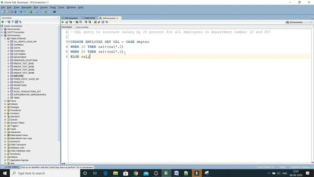 SQL query to increase salary by 20 percent for all employees in department number 10 and 20?