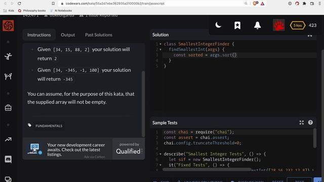 Codewars - Javascript - Find the smallest integer in the array